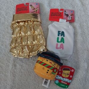 Boots & Barkley XS Gold Puffer Jacket White Sweatshirt & Chew Mees Toy Bundle